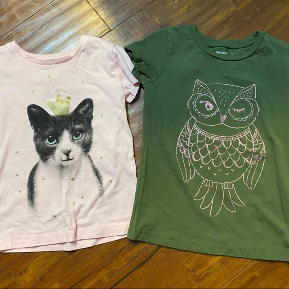 Carter’s Girls Size 4/5 Owl Cat Graphic Tee Shirt Lot of 2 Glitter